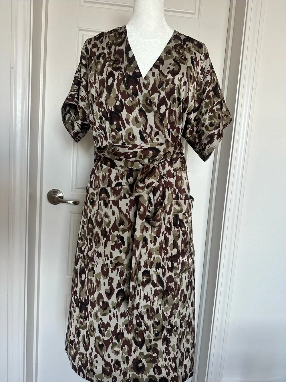J Crew Women's Wrap Dress in Olive & Brown Animal Print